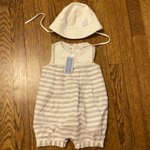 Grey and white striped baby romper with hat